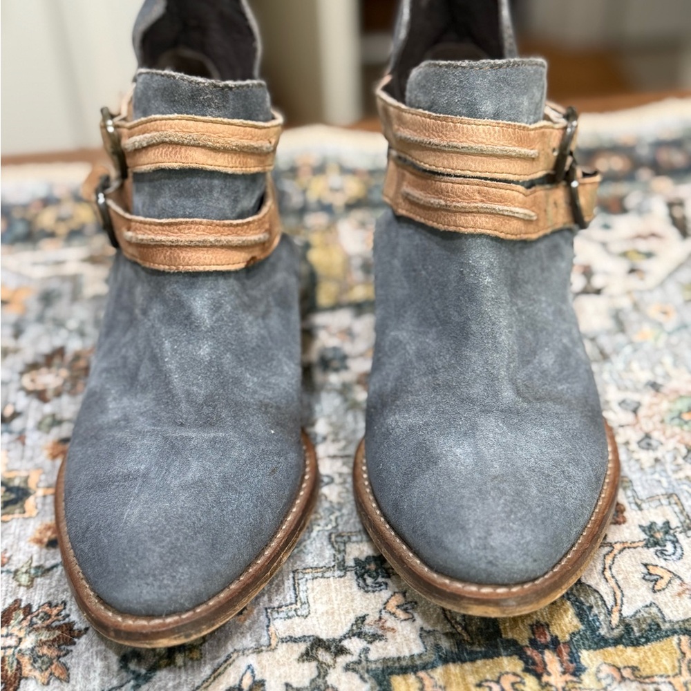 rebels Gray Suede Ankle Booties with Tan Buckle Straps